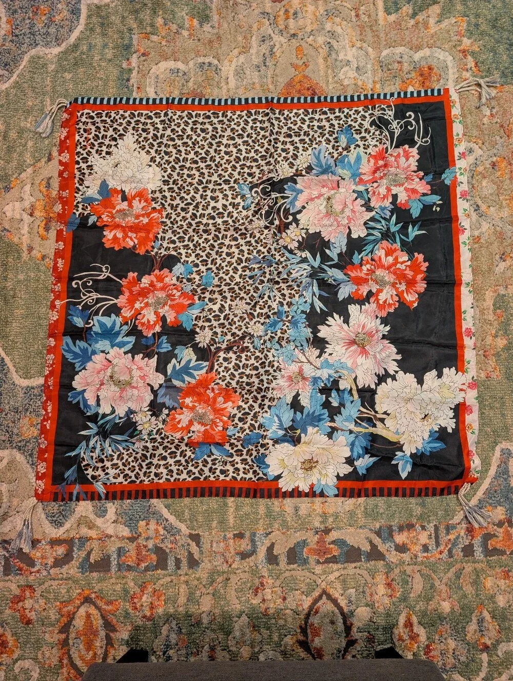 Johnny Was 100% Silk Leopard & Floral Square Scarf 44
